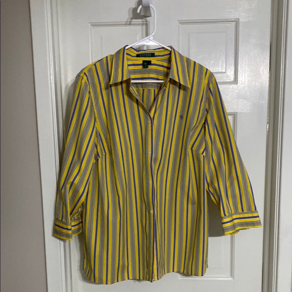 Lauren Ralph Lauren Yellow and Blue Striped Blouse with 3/4 Sleeves 1x